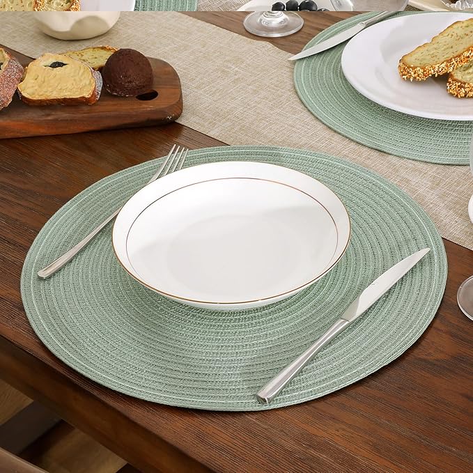 SHACOS Round Placemats Set of 6 Washable 15 inch Cotton Polyester Table Mats Woven Braided Place Mats for Dining Table, Sage Green