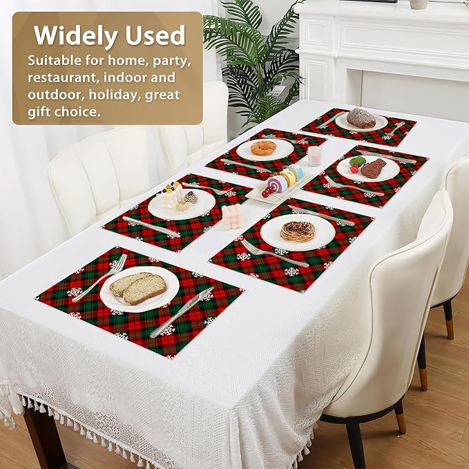 Set of 6 Washable Red Green Plaids Placemats Non-Slip Heat-Resistant 12x18 Inch Thick Decorative Retro Christmas Plaid Linen Table Mats for Dining Table Home Décor