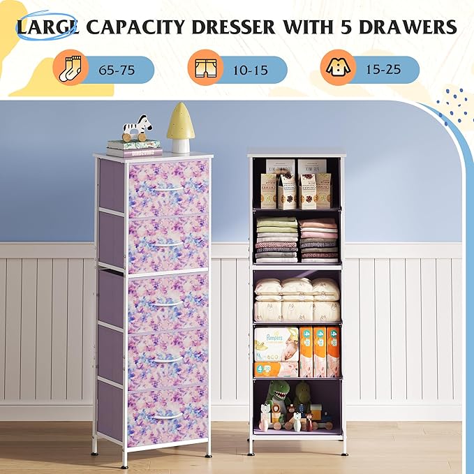 WLIVE Fabric Dresser, 5-Drawer Tall Dressers for Bedroom, Storage Dresser Organizer with Fabric Bins, Wood Top, Sturdy Steel Frame, Chest of Drawers for Closet, Tie-dye Print (Pink, Purple, Blue)