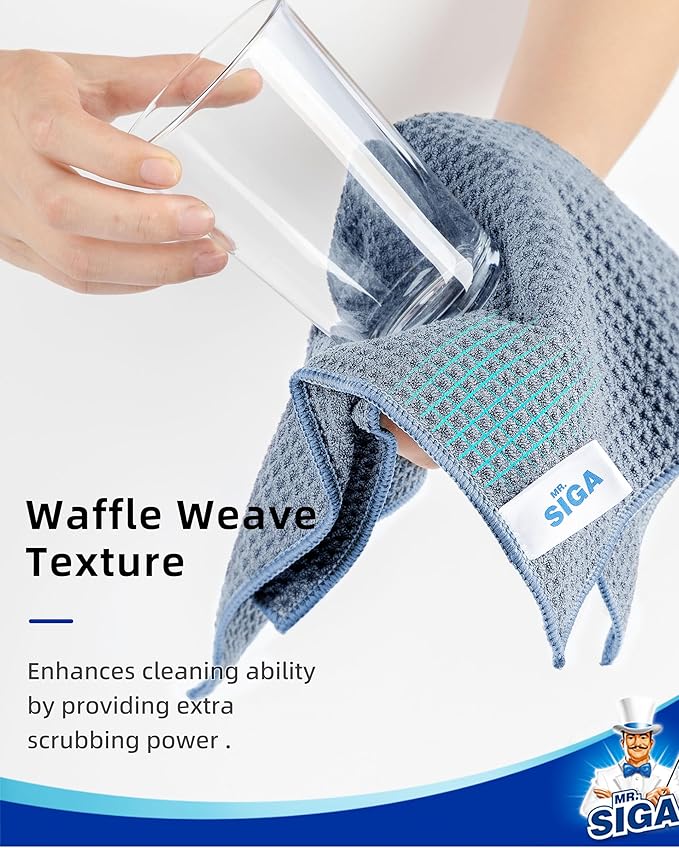 MR.SIGA Waffle Pattern Cleaning Cloths, Reusable Absorbent Microfiber Cleaning Cloths, Lint Free Microfiber Kitchen Towels, 6 Pack, Grayish Blue, 11.8 x 11.8 inch