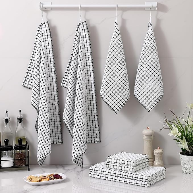 Homaxy Kitchen Towels and Dishcloths Set, 16 x 25 and 12 x 12 Inches, Set of 8 Cotton Terry Kitchen Dish Towels, Super Soft and Absorbent Dish Cloths, Black