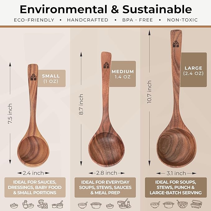 Wooden Ladle for Soup, 3 Size Teak Wood Ladle Spoon with Back Hooks for Pot & Bowl, Non-Stick Wooden Spoon Set for Cooking, Serving and Stirring