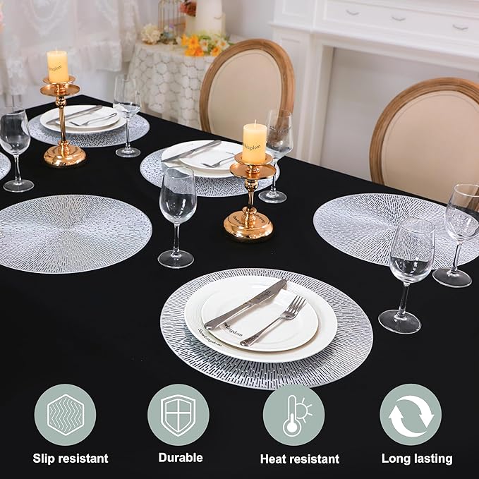 Snowkingdom Silver Round Placemats Set of 8, 15 Inch Metallic Vinyl Round Place Mats, Easy Clean Non Slip Heat Resistant Washable PVC Hollow Dining Table Mats for Wedding Party Christmas Decoration