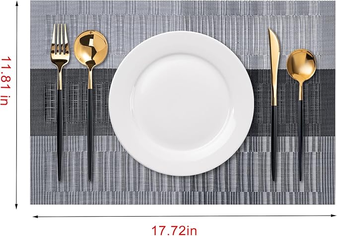 Placemats Set of 6 Washable Indoor/Outdoor Vinyl Place Mats for Dining Table Durable Non-Slip Heat Resistant PVC Weave Table Mats(Gray Black)