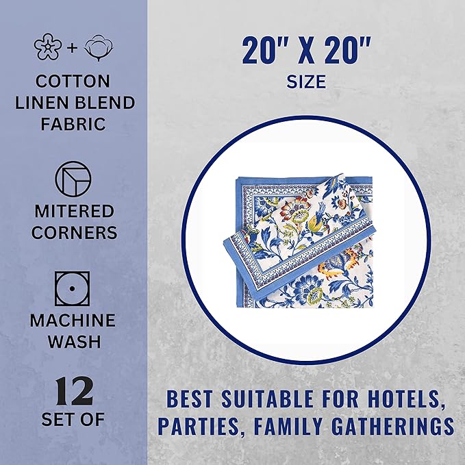 FINGERCRAFT Cloth Napkins, Set of 4 Cotton Linen Blend Printed Dinner Napkins Cloth Mitered Corner Perfect for Parties Dinners Weddings Cocktail Christmas Easter 20x20 Blue Floral