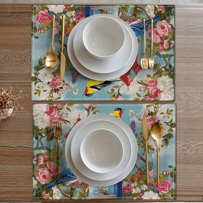 HOMETITUTE Birdhouse Art Linen Placemats Set of 4 12x18 inch Spring Table Mats for Dining Table Farmhouse Decorations Kitchen Decor Desk Mat for Outdoor Home Party Kitchen Seasonal Dining Decor