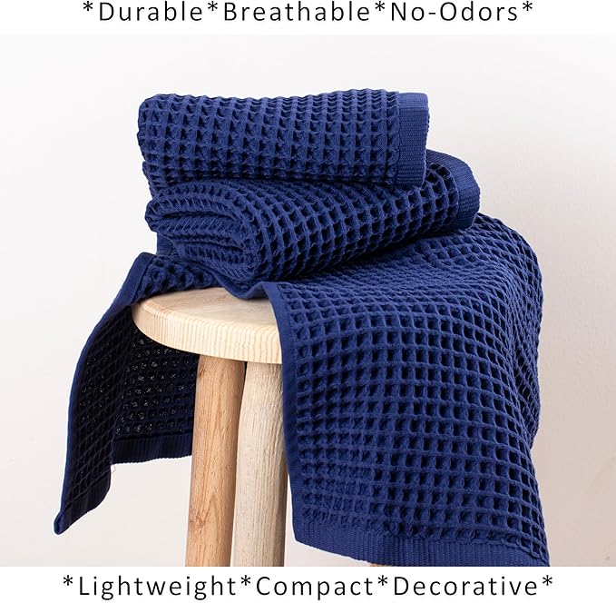 PÜSKÜL Natural 100% Turkish Cotton Waffle Kitchen Towels Set of 3 | Oeko-Tex, Premium Waffle Hand Towels for Bathroom | Soft Absorbent Quick-Dry Lint-Free Dish Towel Large 32x16 inch (3, Navy Blue)