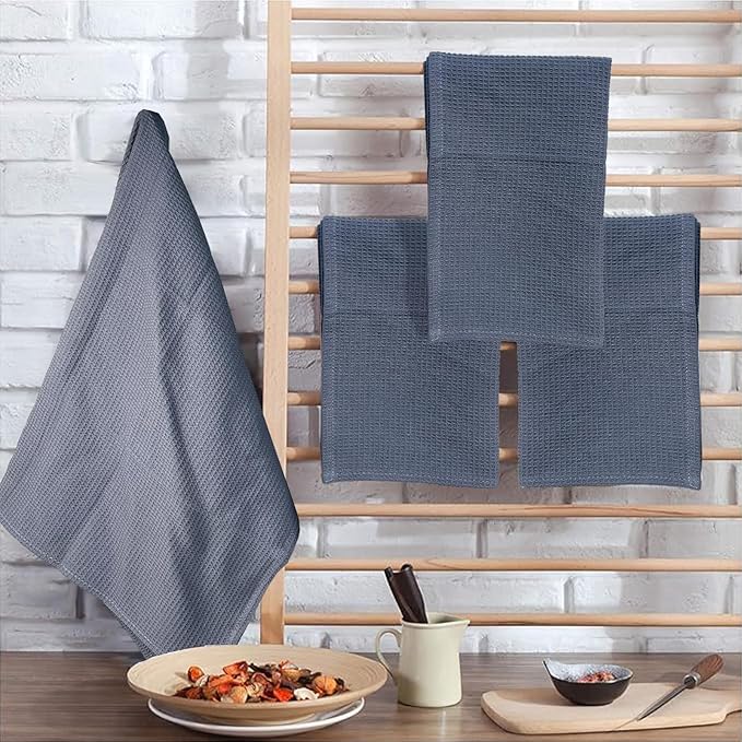 PY HOME & SPORTS Dish Towels Set - 17 x 25 Inches 4 Pieces Grey 100% Cotton Waffle Weave Kitchen Towels, Absorbent Kitchen Hand Dish Cloths for Cleaning and Drying