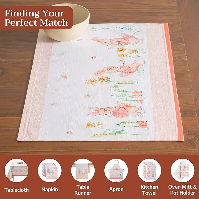 Maison d' Hermine Placemats Set of 4 100% Cotton Washable Cloth Place Mats Reusable Table Mats for Kitchen Dining Party Wedding Gifts for Mothers Day Spring/Summer (Bunny Party, 13" x 19")