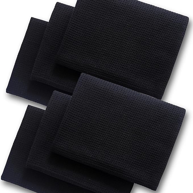 Highly Absorbent Cotton Dish Towels for Drying - Set of 6 Black Kitchen Towels - 18"X28" Lint Free Waffle Weave Cloth Linen Hand Bathroom Bulk Dishtowels