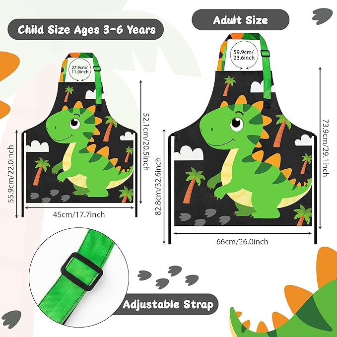 R HORSE 2Pcs Adults Kids Matching Apron Set, Dinosaur Theme Parent and Child Adjustable Kitchen Matching Apron, Funny Cooking Birthday Gift for Women Men Kid Cooking Baking Painting Gardening