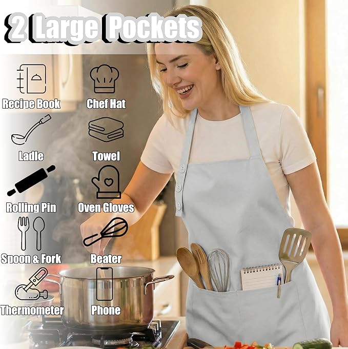 TOSHE Kitchen Apron Waterdrop Resistant Cotton Apron with adjustable Aprons for Women with Pockets 10 Color option Cooking Silver Apron (Silver)
