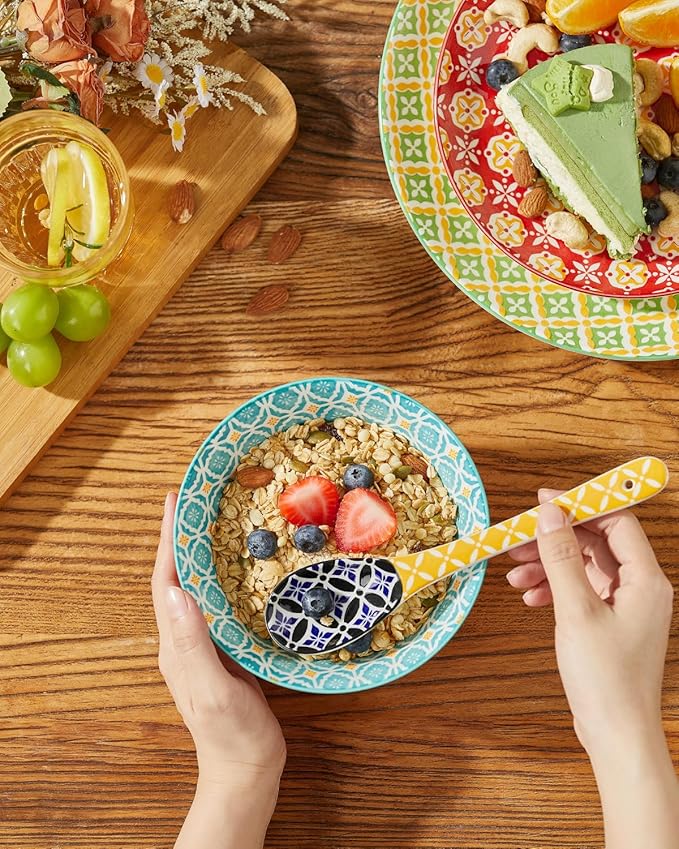 Metahom Long Handle Spoons, 8.5" Ceramic Serving Spoon for Cereal, Soups, Stews, Ice Cream, Colorful Decorative Spoons, Dishwasher & Microwave Safe, Assorted Colors, Set of 6