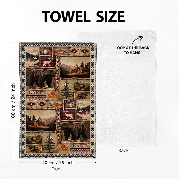 Vintage Rustic Kitchen Towel Set of 4, Lodge Bear Mountain Dish Towels for Kitchen Soft Absorbent Country Cabin Decor Hand Drying Baking Cooking Cloth, Farmhouse Decor 16" x 24"