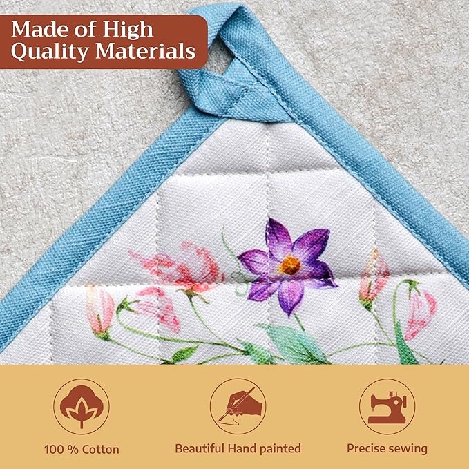 Maison d' Hermine Pot Holders 100% Cotton Heat Resistant Potholders 8" x 8" Hot Pads with Loop BBQ Cooking Baking Gifts for Mothers Day Handling Hot Pans Spring/Summer (Pack of 2, Giverny)