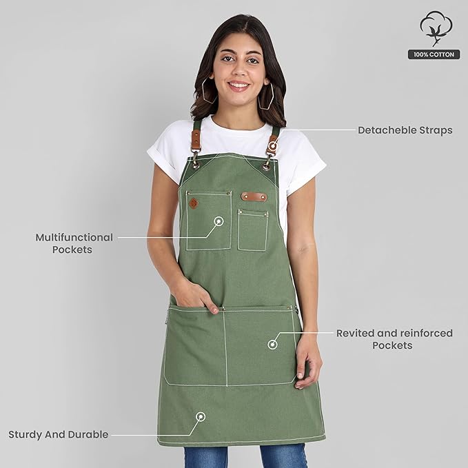Chef Apron, Recycled Cotton Kitchen Apron with an Adjustable Neck with Long Ties, for cooking, baking