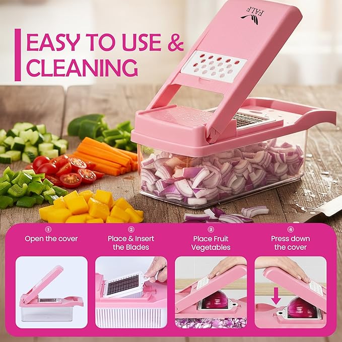 16-in-1 Vegetable Chopper & Mandoline Slicer with Container, Multifunctional Food Chopper, Onion Dicer & Grater for Potato, Carrot, Garlic and Salad, Kitchen Gadgets & Essentials (Pink)