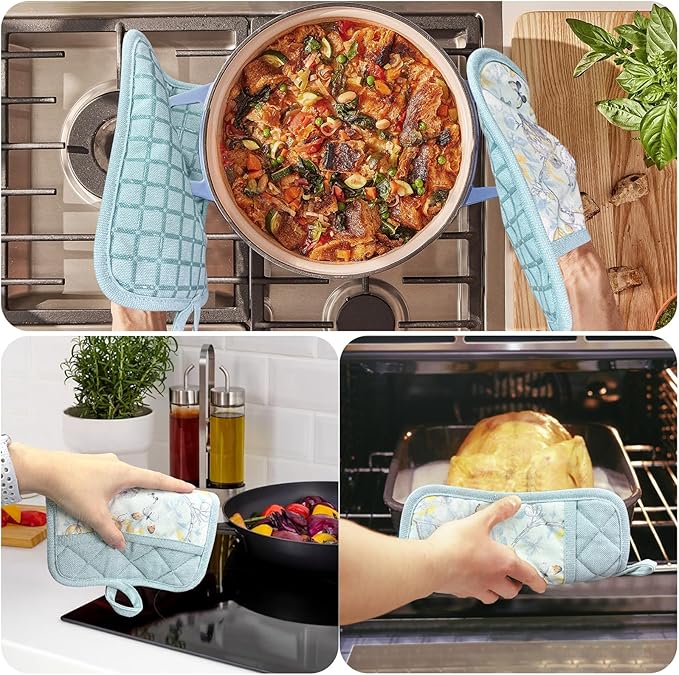 Pot Holders Set of 3 Silicone Printing Non Slip Heat Resistant, Yarm-Dyed Hot Pads Cotton Home Kitchen Cooking Barbecue Microwave Women Men Machine Washable BBQ Grilling. (Light Blue Potholders)