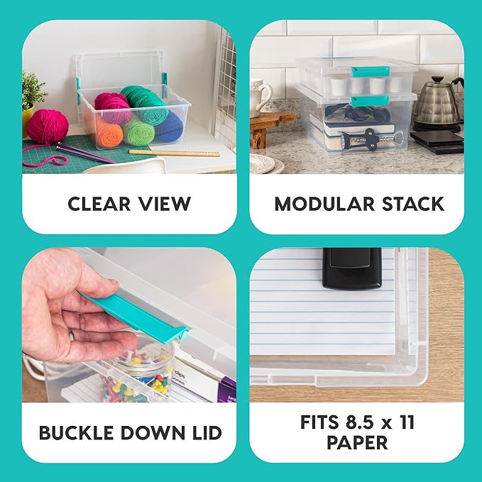 IRIS USA 12 Qt. Craft Storage Bins with Lids, 4-Pack, |Made in USA|, Clip Box, Medium Plastic Sensory Bin Tote Organizer Containers for Art Supplies, Paper, & Office, Stackable - Clear/Seafoam Blue