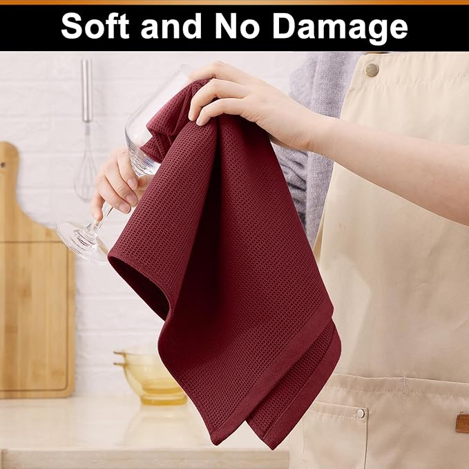 Homaxy 100% Cotton Kitchen Towels and Dishcloths Set - 8 Pack Waffle Weave Soft and Absorbent Dish Towels - 26 X 16 Inch and 12 X 12 Inch - Burgundy
