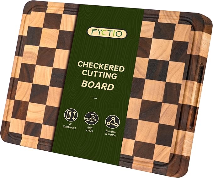 Checkered Cutting Boards for Kitchen, Acacia Wooden Chopping Board with Juice Grooves & Handles, Thickened Butcher Block for Meat, Vegetables and Fruits with Gift Box, 16" x 11" x 1.4"