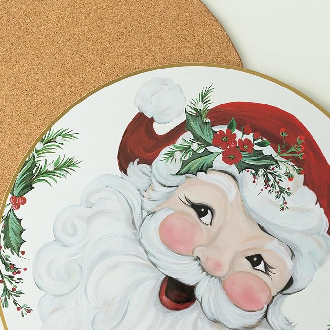 Benson Mills Cork Placemats Set of 4, Thick Cork Place Mats for Kitchen and Dining Tables, Easy Clean Table Mats for Christmas, Winter and Holidays (13.75" Round Set of 4, Joyful Santa)
