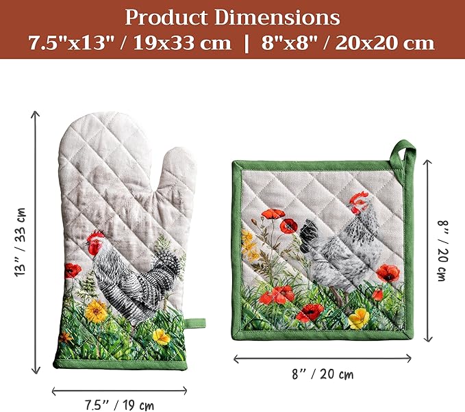 Maison d' Hermine 100% Cotton Oven Mitt & Pot Holder Set (7.5"x13" & 8"x8") Heat Resistant BBQ Cooking Gloves with Loop Baking Grilling Kitchen Gifts for Mothers Day Spring/Summer (Basse Cour)
