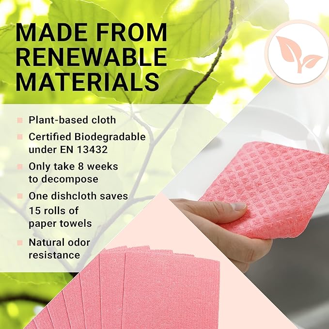 Swedish Wholesale Dishcloths Reusable 8" x 7" Sponge Cloths, Bulk 10 Pack of High Absorbent Cellulose Dish & Kitchen Cleaning Hand Towels, Wring to Dry & Machine Wash, Odor Resistant, Orange