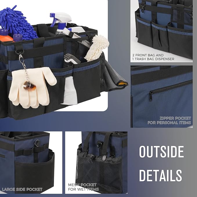 SCAVATA Wearable Cleaning Caddy, Cleaning Caddy Supplies Organizer with Handle & Shoulder Straps for Housekeepers, Under Sink & Car Cleaning Tool Organizers Bag with 4 Foldable Divider (NavyBlue)