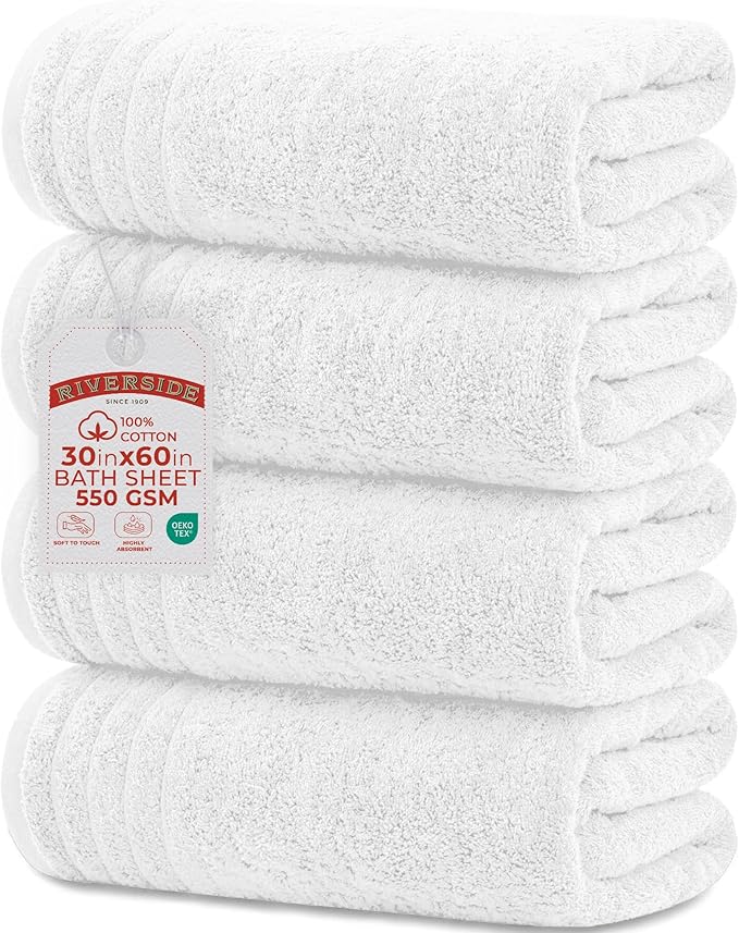 RIVERSIDE Pack of 4 Premium Extra Large White Bath Towels 30 x 60 Inches, 100% Cotton, Super Soft & Highly Absorbent, Larger & Lighter Weight, Quicker to Dry, Perfect for Bathroom