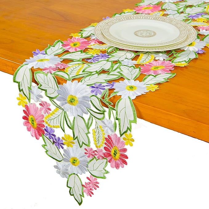 AMARED Spring Daisy Table Runners Embroidered Flowery Applique Floral Cutwork Table Linen for Home Decoration (13 X 69 Inch)