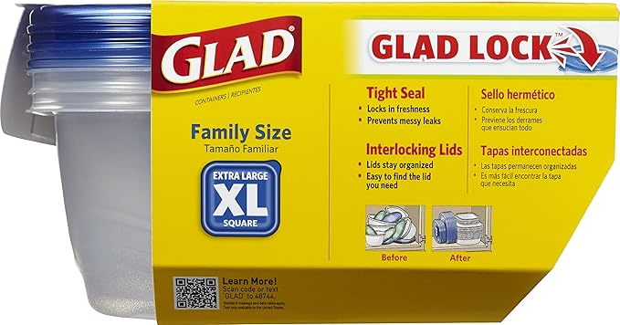 Glad GladWare XL Square Food Storage Containers with Lock Tight Lids, Family Size No BPA Plastic Containers for Leftovers and Meal Prep, Reusable Dishwasher Safe, 104 Oz, 3 Count - 3 Pack