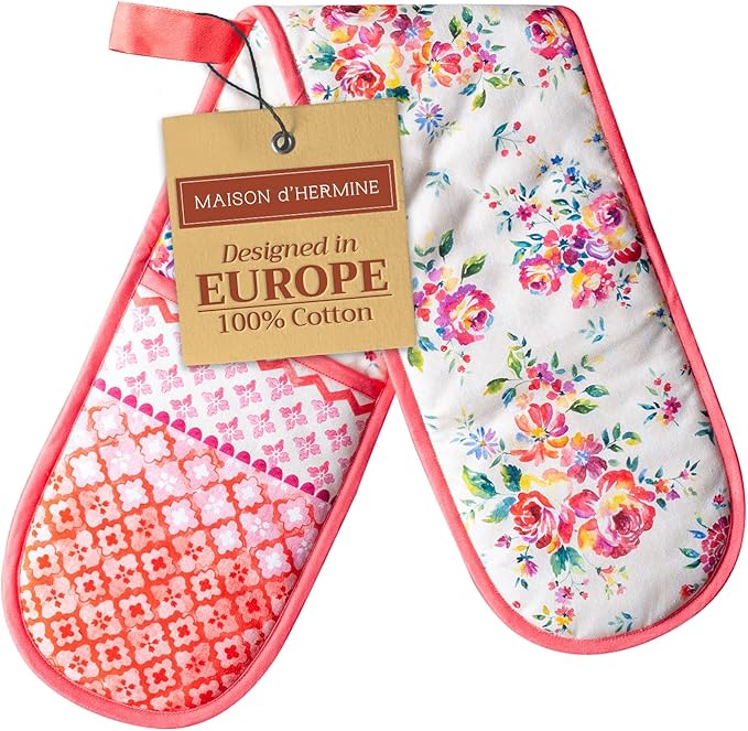Maison d' Hermine Double Oven Mitts 100% Cotton 7"x35" Double Oven Mitt Heat Resistant BBQ Cooking Gloves with Loop Baking Grilling Gifts for Mothers Day Spring Summer (Rose Garden)