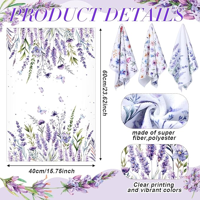 Oudain 6 Pcs Spring Lavender Kitchen Towel Set Decor Purple Floral Hand Dish Towels Decorative 18x24 Inch Wildflower Butterfly Tea Cloths for Housewife Gift Spring Easter Bathroom Kitchen Accessories