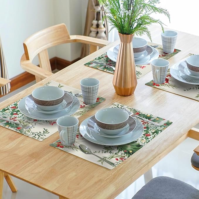 Christmas Placemats for Dining Table Set of 4, Watercolor Xmas Tree Red Bird Washable Non-Slip Heat Resistant Line Fabric Place Mats Winter Table Mats 12x18 Inch for Holiday Decor Party