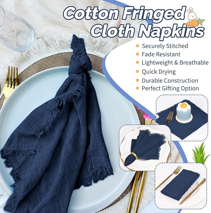Showgeous 10 Pack Navy Blue Cloth Napkins with Fringe 16x16 inch 100% Cotton Blue Napkins Handmade Dinner Napkins Bulk Washable Soft Rustic Table Napkins for Wedding Parties Bridal Baby Shower