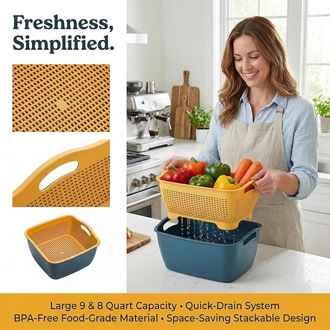 Jucoan 2 Pack 9 & 8 Quart Large Kitchen Strainer Colander Bowl Set, Double-Layer Plastic Fruits Vegetable Washing Basket, Drain Bowls for Cleaning Washing Mixing, Detachable (Blue, Orange)