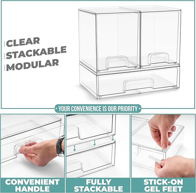 Sorbus Stackable Acrylic Storage Drawers – 4 Tall + 2 Wide – 6 Pack Clear Plastic Organizer Bins for Baby Bottles, Makeup, Bathroom & Vanity, Pull-Out Drawer Design for Kitchen Cabinets