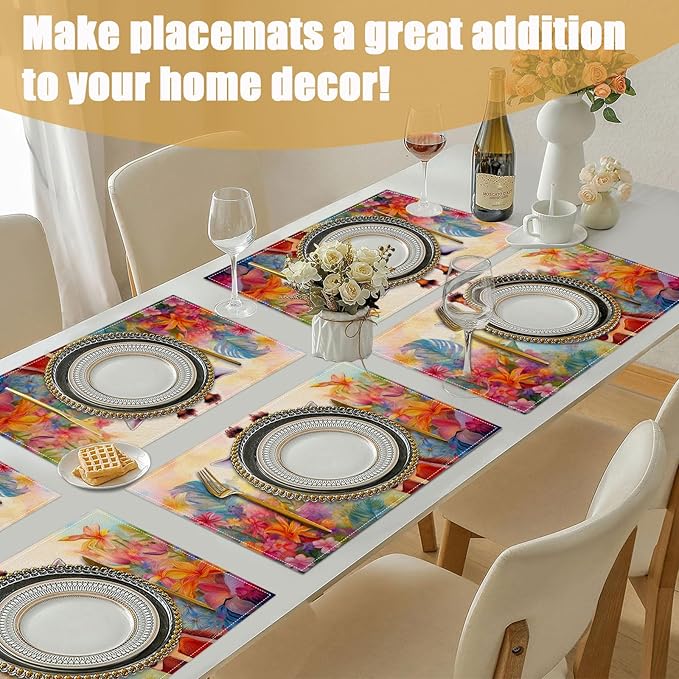 Watercolor Giraffe Placemats Set of 6, Flower Floral Linen Place Mat Washable Stain Resistant Table Mats for Farmhouse Kitchen Party Wedding Decor 12x18 Inch