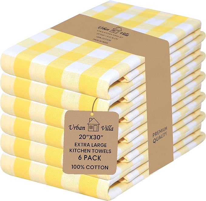 Urban Villa Easter Kitchen Towels Set of 6 Buffalo Checks Yellow/White Kitchen Towels 20X30 Inches 100% Cotton Highly Absorbent Kitchen Towels Premium Quality Ultra Soft Mitered Corners KitchenTowels