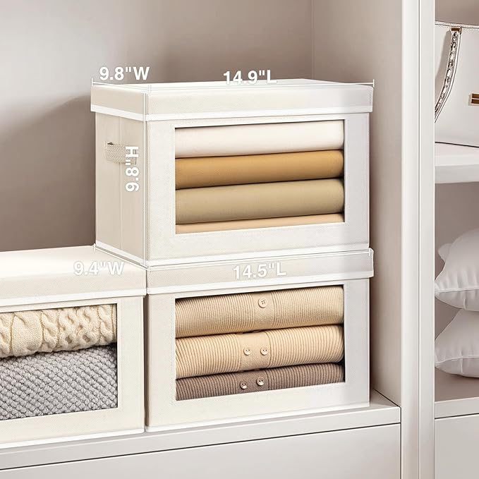Homsorout Stackable Storage Bins with Lids - Medium Storage Box with Lids, Foldable Closet Boxes for Organizing, Wardrobe Clothes Organizer with Window, Fabric Bins for Living Room, 6 Pack, Beige