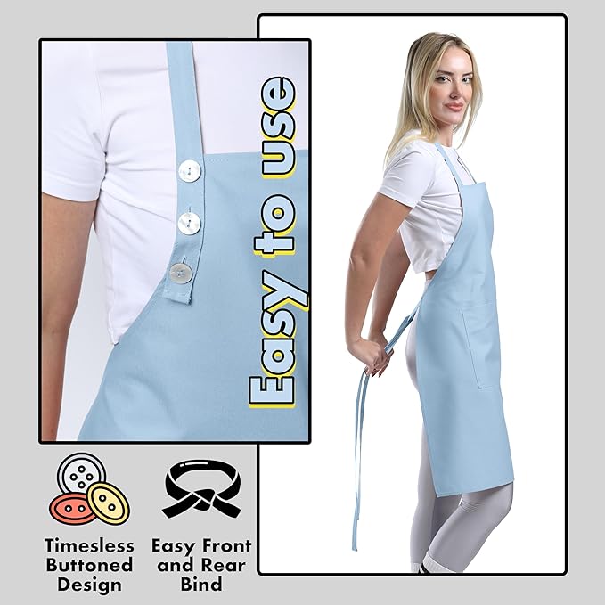 TOSHE Kitchen Apron Waterdrop Resistant Cotton Apron with adjustable Aprons for Women with Pockets 10 Color option Cooking Apron Light Blue (Light Blue)
