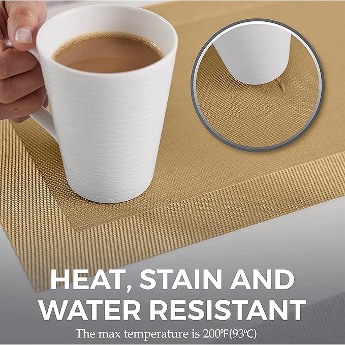 More Décor Dining Table Placemats, Washable Heat-Resistant PVC Vinyl Table Mats for Dining Room and Kitchen, Anti-Slip - Set of 6 -Gold