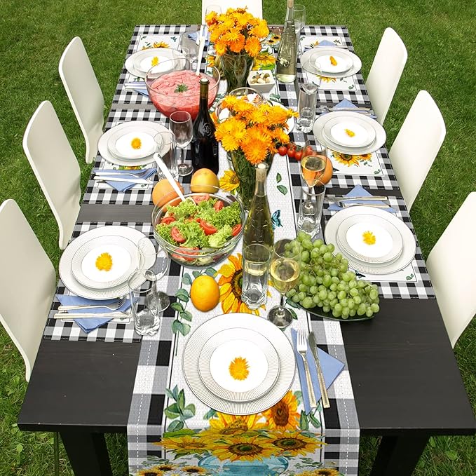 ArtSocket Sunflower Table Runner and Placemats Set of 6, Black White Buffalo Plaid Floral Flower Dining Decor for Daily Use(1 Table Runner 72 inches Long and 6 Placemats)