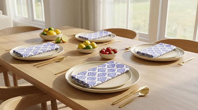 PurpleEssences Scalloped Embroidery Cloth Napkins - Spring Easter Summer - Table Decor - 100% Cotton - Set of 4-18x18 inch - Floral Paisley Edges - Blue