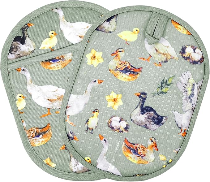 Pot Holders Set of 2 with Transparent Clear Silicone Shell and Nice Duck Flower Cotton Lining, Heat Resistant to 500 F Kitchen Oven Gloves Pot Holder for Cooking (Wathet Blue, Potholders)
