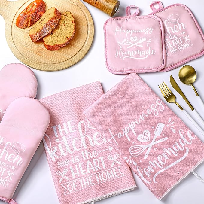Sratte 6 Pcs Kitchen Decor Accessories Set Farmhouse Towels Pot Holders Oven Mitts Set 2 Dish Towels 2 Potholders 2 Cooking Mittens Oven Glove for Christmas Baking Cooking Supply(Pink,Kitchen)