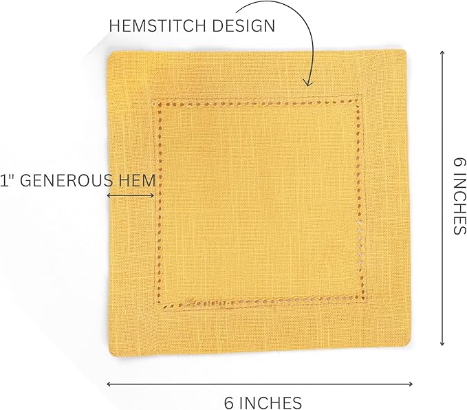 FINGERCRAFT Cocktail Napkins 6 x 6 Inch Premium Quality Cotton, Generous Hemstitch and Mitered Corner Set of 12 Coaster Cloth Gold