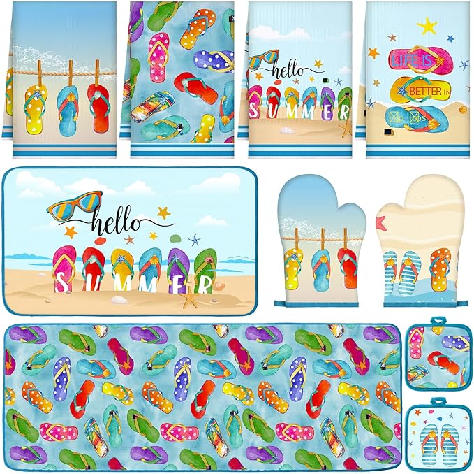 VitalCozy Set of 10 Summer Flip Flops Kitchen Decor and Accessories Beach Kitchen Towels Rugs Oven Mitts and Pot Holders Kit Hand Towels for Baking Cooking BBQ