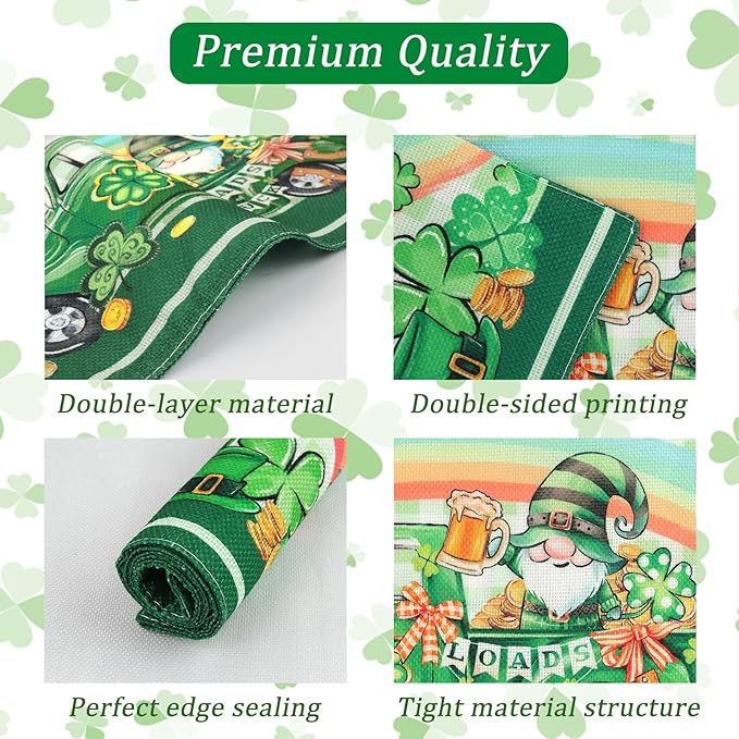 comfoyar St. Patrick's Day Placemats Set of 4, 12x18 Inch Non-Slip Linen Shamrock Lucky Clover Place Mats, Washable Absorbent Gnome Truck Coins Table Mats for Kitchen Dining Party Table Decoration